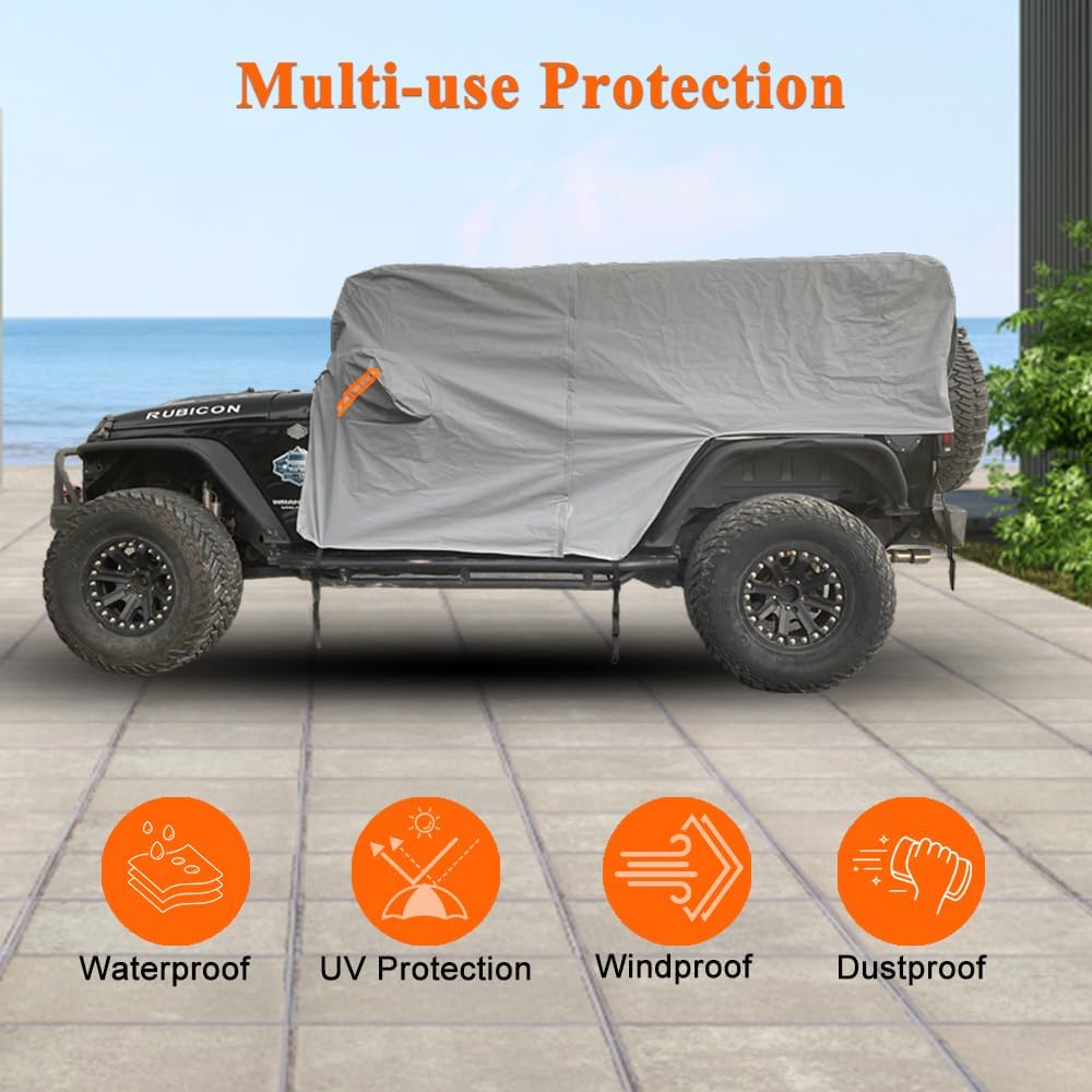 Cab Cover for Jeep Wrangler JK JL 2 Door 2007-2025, Waterproof Wrangler Rain Cover with Driver Door Zipper Soft Inner Liner All Weather Snow Rain UV Protection