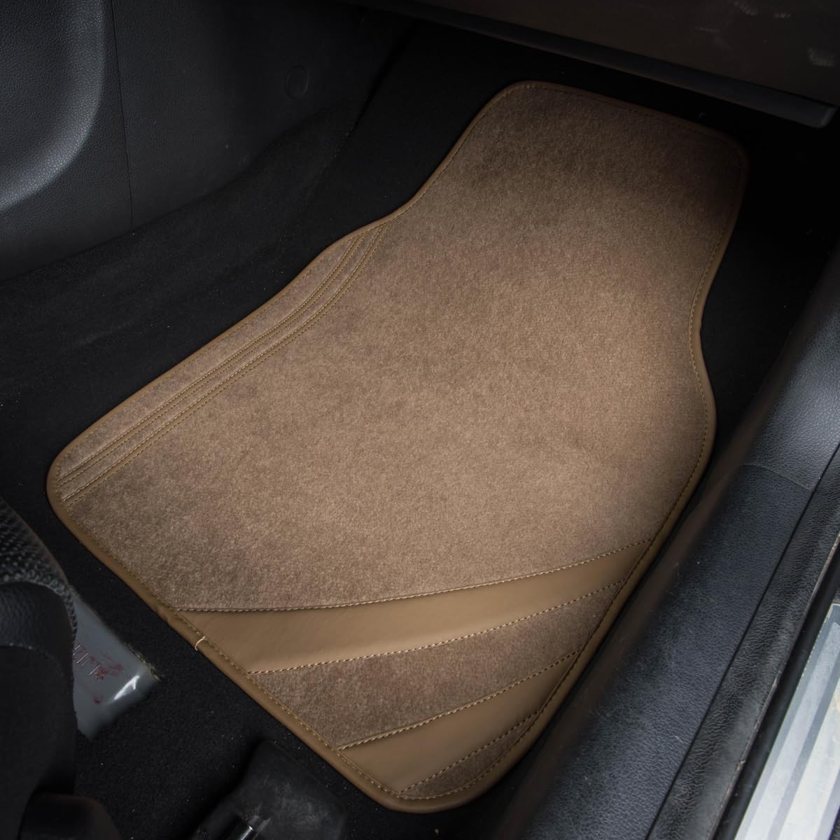 CAR PASS Beige Car Floor Mats, Edge Leather Waterproof Car Mats with Double Stitch Line and Anti-Slip Backing Design, Fit 95% Automotive,SUVS,Sedan,Vans (Pure Beige)