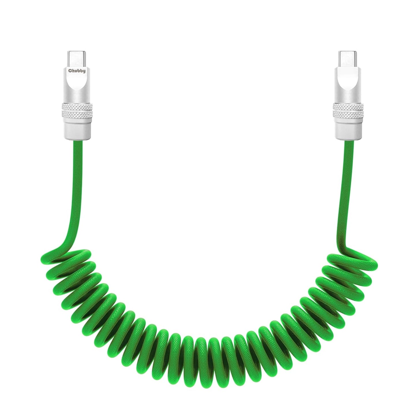 chubbycable Curly Chubby - Retractable Fast Charging Cable 240W Coiled Charger Cord for Car Durable USB-C Cable for Phones, Tablets and More, Green, Type-C to Type-C, 1.3FT-2.3FT