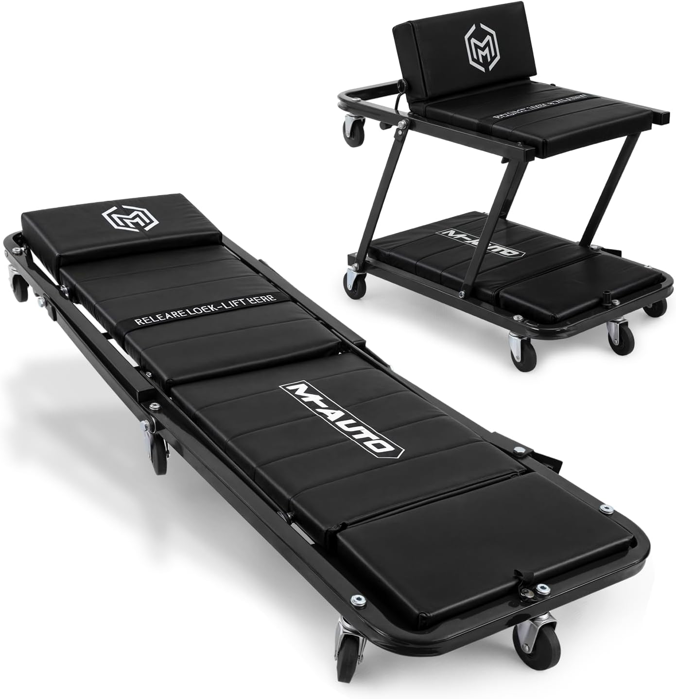 M-AUTO Heavy-Duty Convertible Mechanic Creeper, Z-Creeper 2-in-1 Creeper and Seat 48" Padded Adjustable Headrest Roller Garage Chair with 7 Swivel Casters for Washing, Detailing, Maintenance, Black