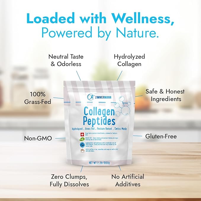 Zimmermann Collagen Peptides Powder 2.2lb 1000g, Produce of Switzerland, Grass Fed, Hydrolyzed, Unflavored, for Women & Men - Hair, Skin, Nail, & Joint Support, Keto, Type I and III.