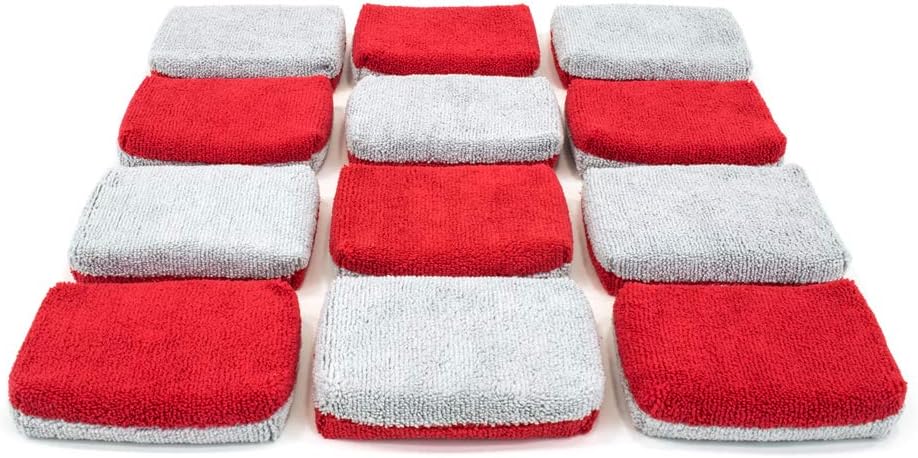 Autofiber [Saver Applicator Terry] Ceramic Coating Applicator Sponge | 12 Pack | with Plastic Barrier to Reduce Product Waste. (Red/Gray, Thin)