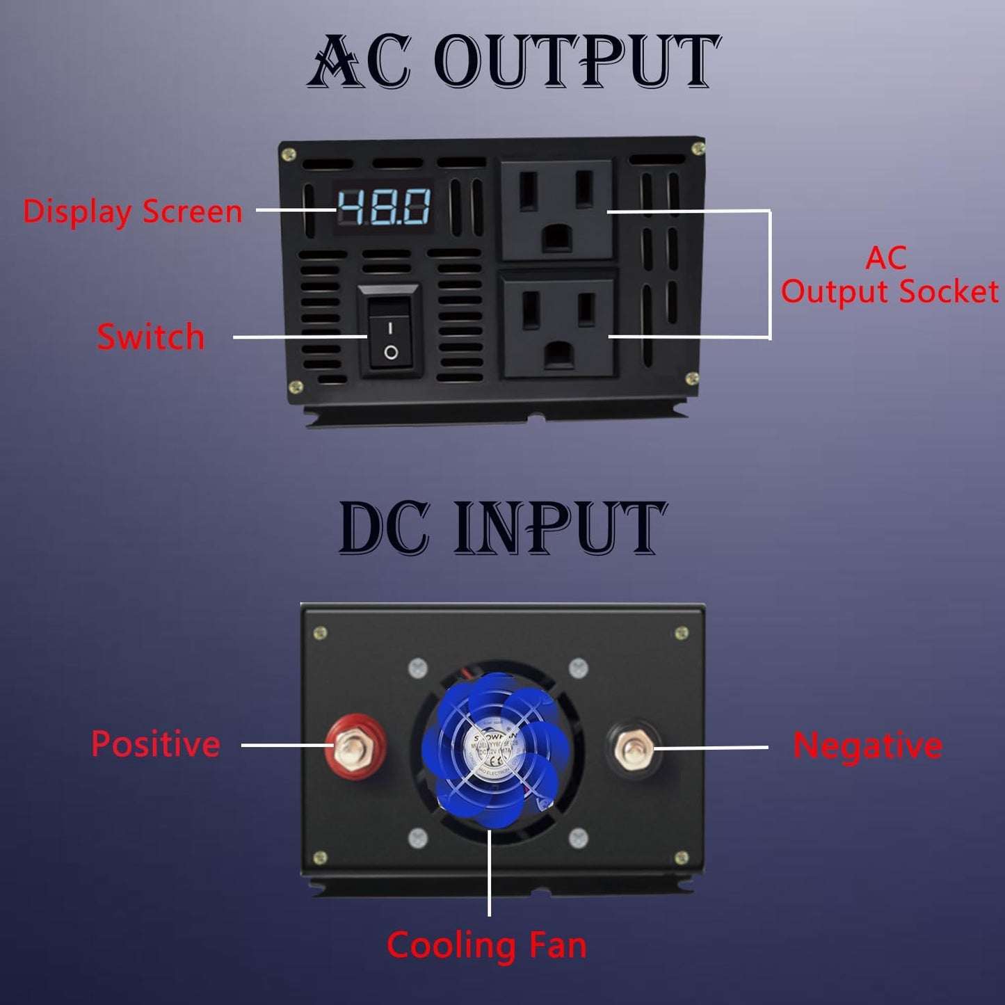 1000W Pure Sine Wave Inverter-36V DC to 110V 120V AC Power Converter with 2 AC Outlets, 36 Volt Power Inverter for Home, Emergency Power