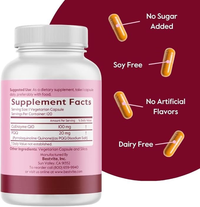 BESTVITE Coq10 100mg w/PQQ 20mg (120 Veggie Caps) - No Stearates - Vegan - Non GMO - Gluten Free - Coq10 with PQQ