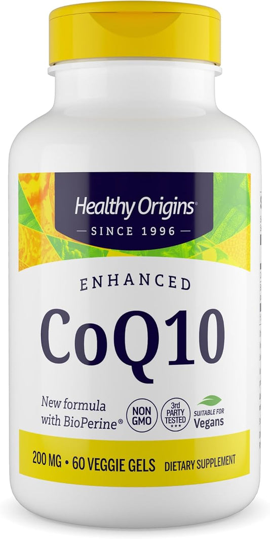 Healthy Origins Natural Enhanced CoQ10 (BioPerine®), 200 mg - Heart Health & Energy Supplement - Gluten-Free & Non-GMO Supplements, with BioPerine & Sunflower Lecithin ((Pack of 1) 60 Veggie Gels)