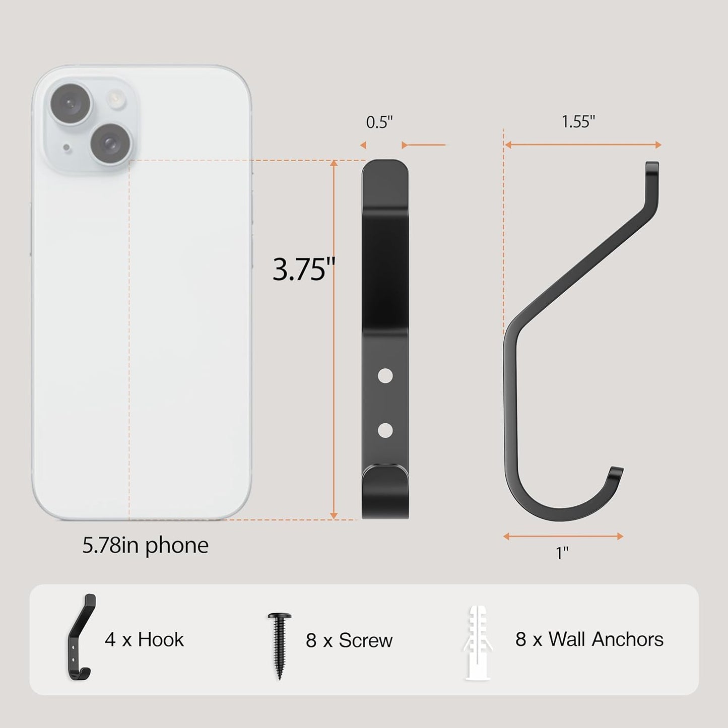 10-Pack Coat Hook for Hanging, 20LB (Max), Stainless Wall Hooks for Towel, Hat, Backpack, Key, Clothes, Wall Mounted Coat Hanger for Closet, Metal, Black, 3.75"