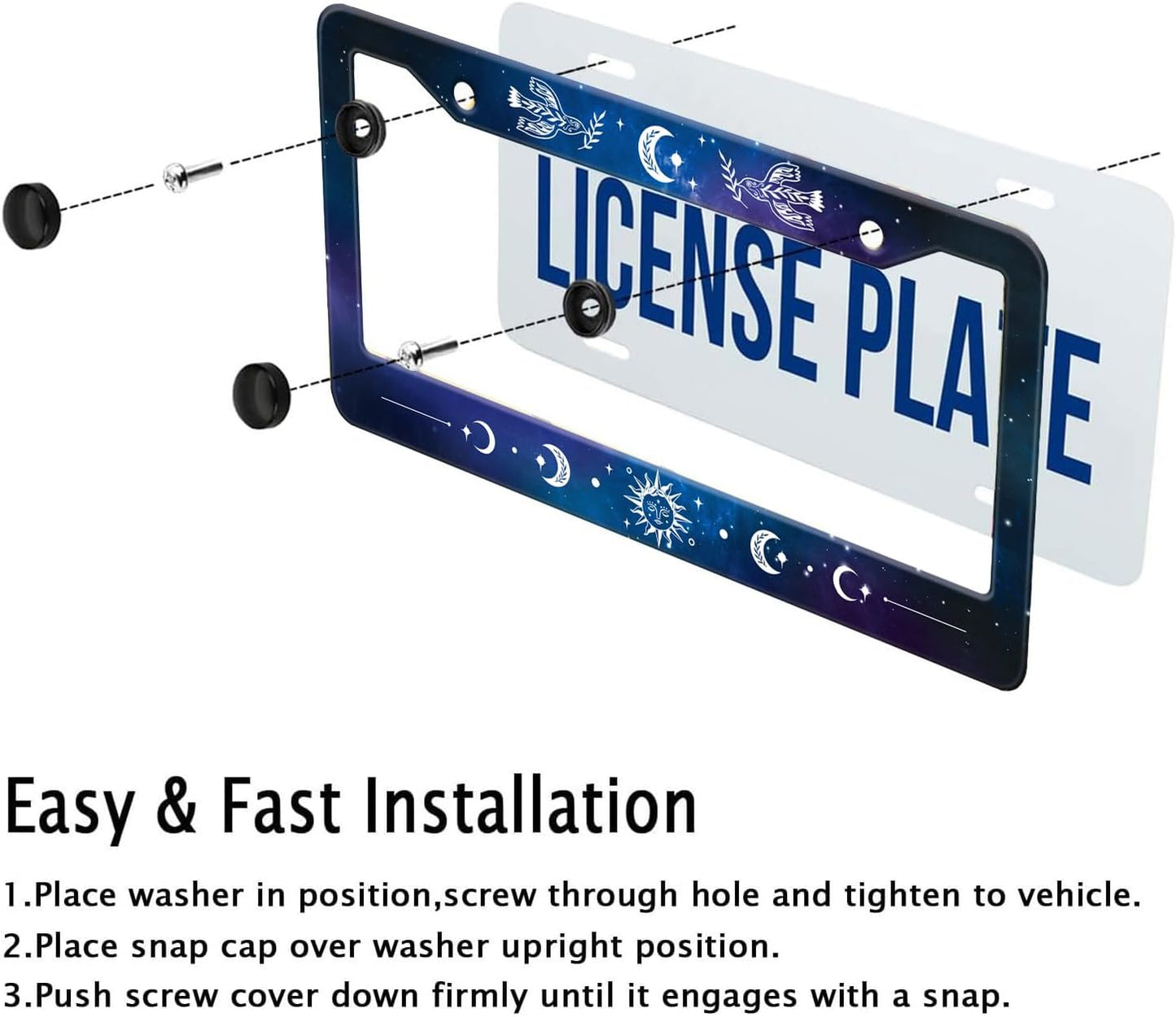 Starry Sun Moon License Plate Frame, Night Sky Moon Phase License Plate Holder Cover, Metal Aluminum Rustproof Car Accessories for Us Canada Standard Women Men 2 Holes with Screw Caps