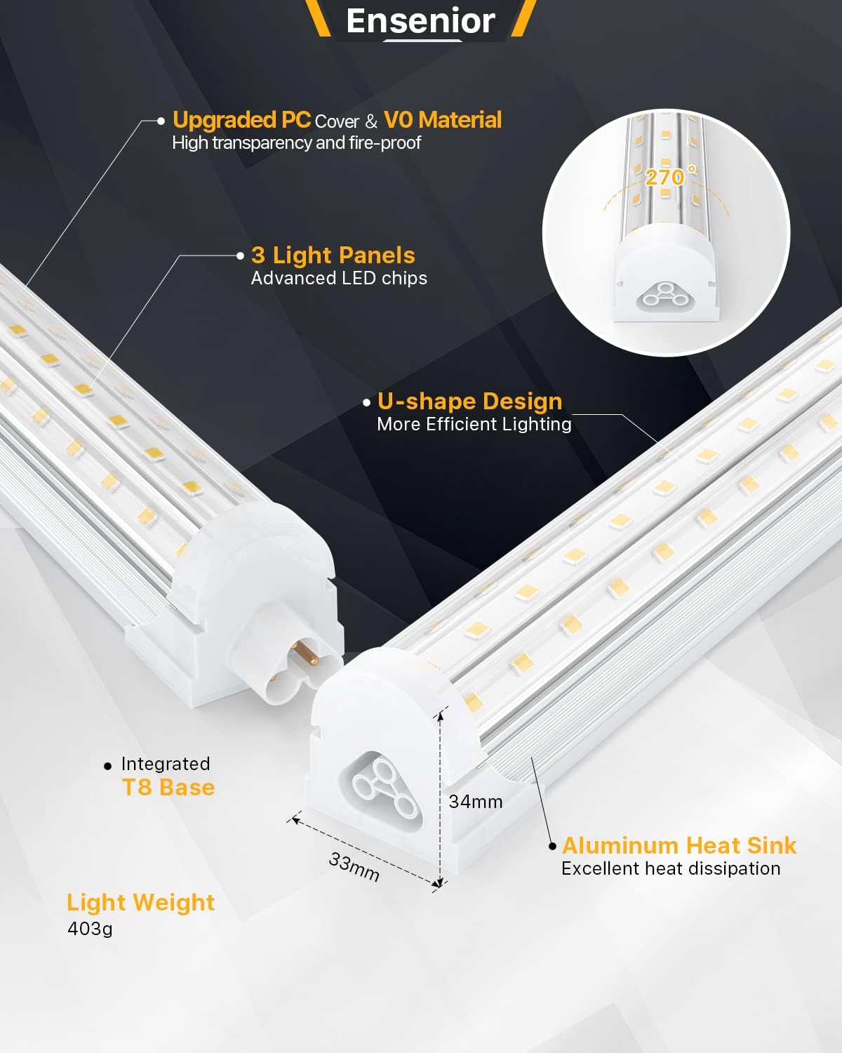 Ensenior 10 Pack 4 FT Led Shop Lights, 5000K Daylight, 5000LM Super Bright, 36W Equivalency 468W, Commercial Bay Lighting, U-Shaped Linkable Shop Lights Plug in for Garage, Workshop, FCC Certified