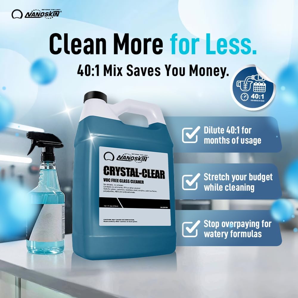 Nanoskin CRYSTAL-CLEAR VOC-Free Glass Cleaner 1 Gallon - Ultra-Concentrated, Eco-Friendly, Streak-Free Finish | Versatile Use for 40:1 Dilution | Perfectly Safe for Auto, Home, Garage & Beyond