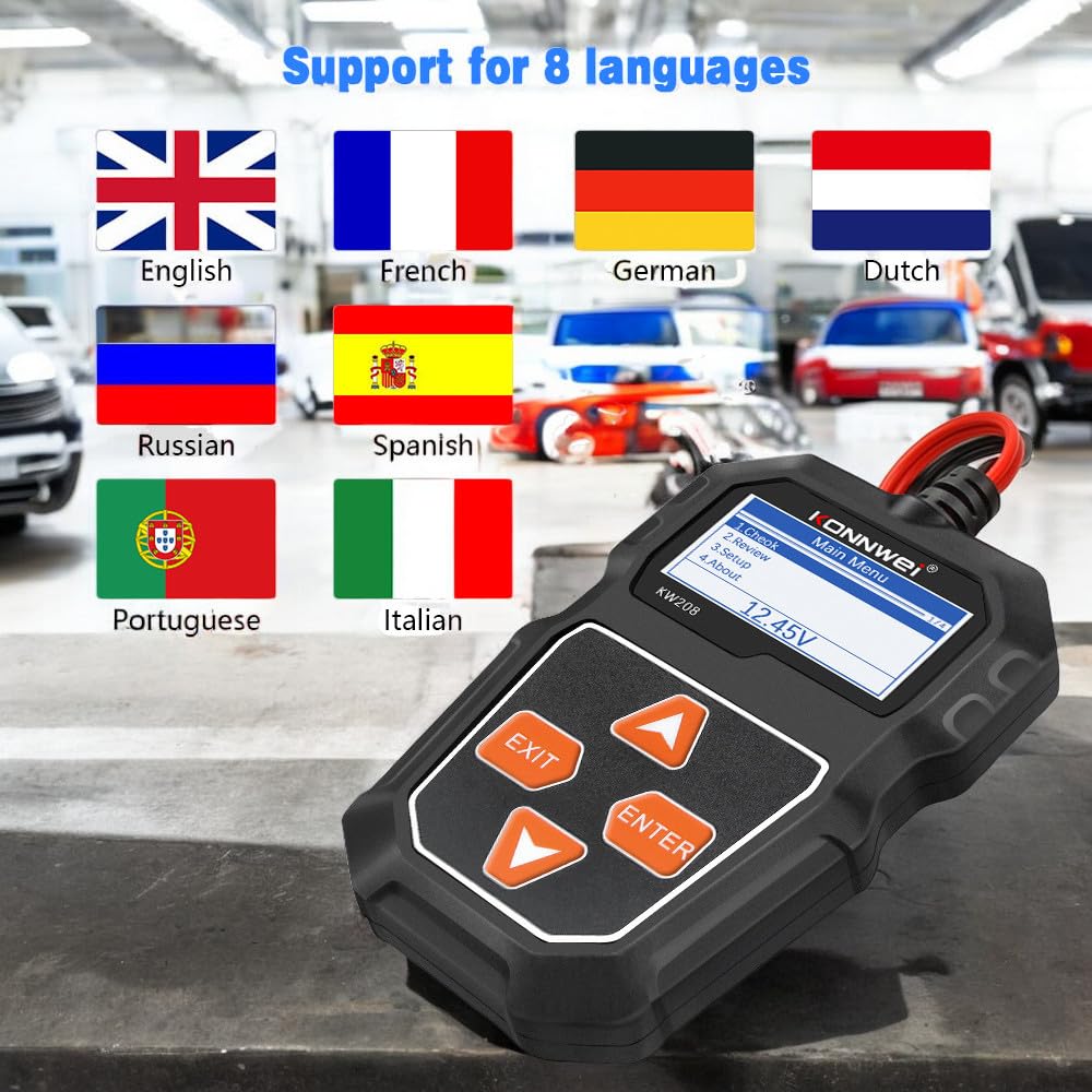 KONNWEI KW208 Car Battery Tester 12V. 100-2000 CCA Load Tester. Automotive Alternator Tester. Voltage Test, Cranking Test, Charging Test. For cars, trucks, boats, motorcycles, SUVs gasoline or diesel.