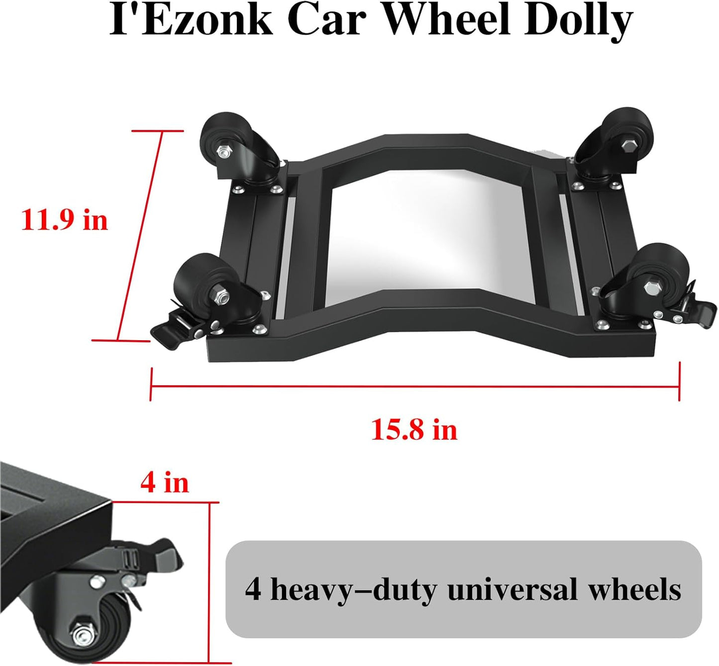 I'EZONK Industrial Stainless Steel Car Dolly Set of 2-6,800lb/3,084kg Capacity | Pro Vehicle Mover w/Locking Brakes | U-Shaped Design for Cars/SUVs/Trucks & Trailers
