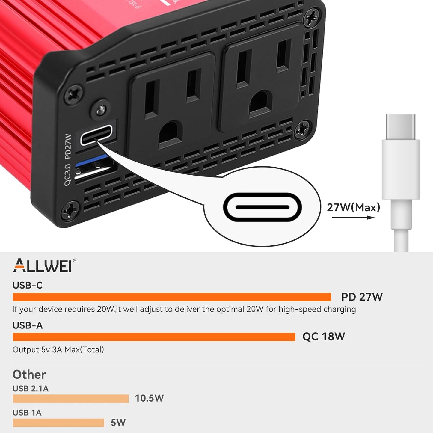 300W Car Power Inverter 12v to 110v, Car Plug in Adapter Outlet with PD 27w USB-C and Fast Charger 18w USB-A, Car Outlet Adapter, Car Converter to Outlet Plug, Power Inverters for Vehicles (Red)
