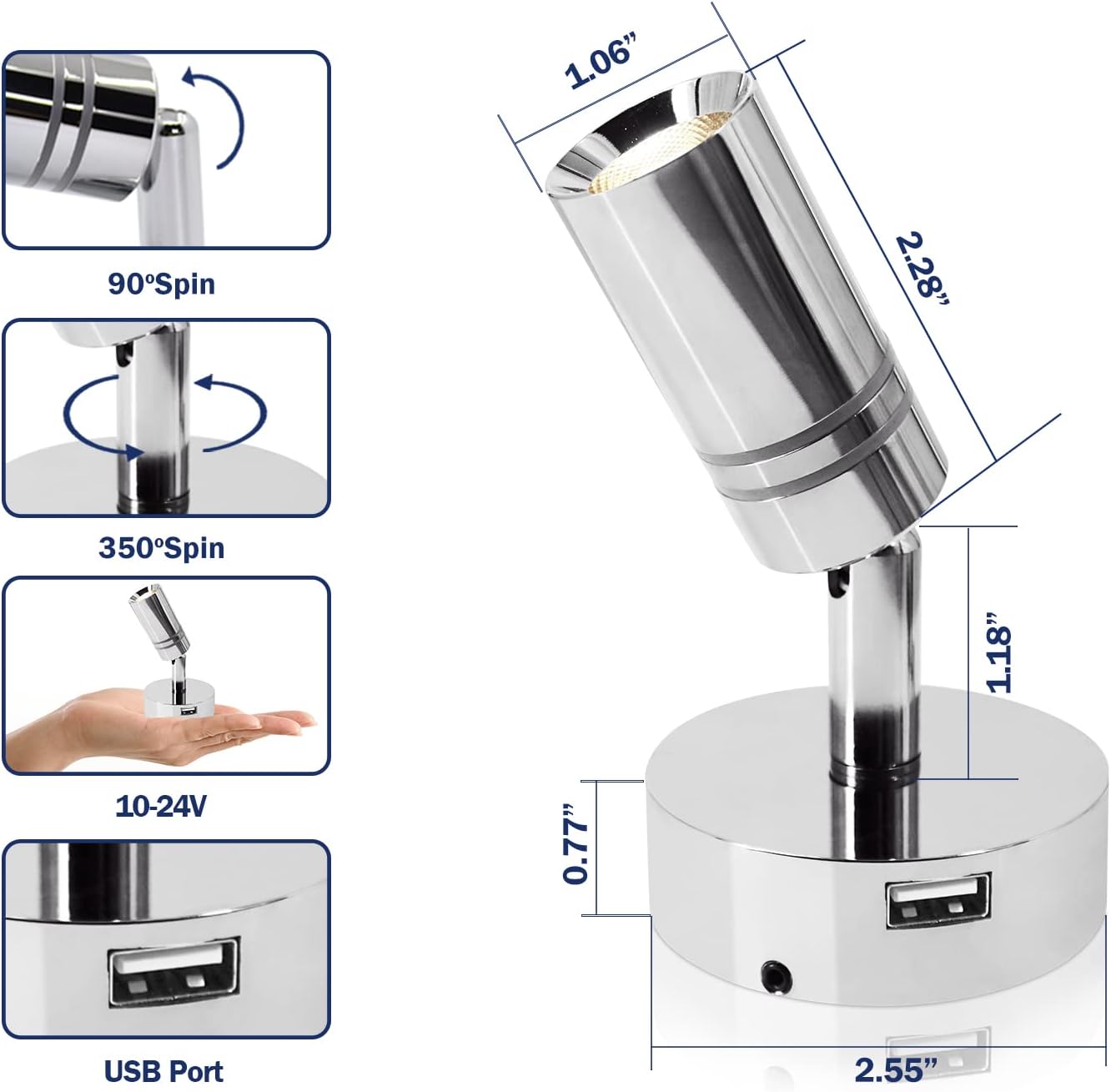 THALASSA 12V Interior LED RV Reading Lamp with 5V USB Port - Built-in Touch Switch, Dimmable Brightness, Surface Mounted on Wall Headboard of Boat Camper Van Travel Trailer Truck Cars Interior Light
