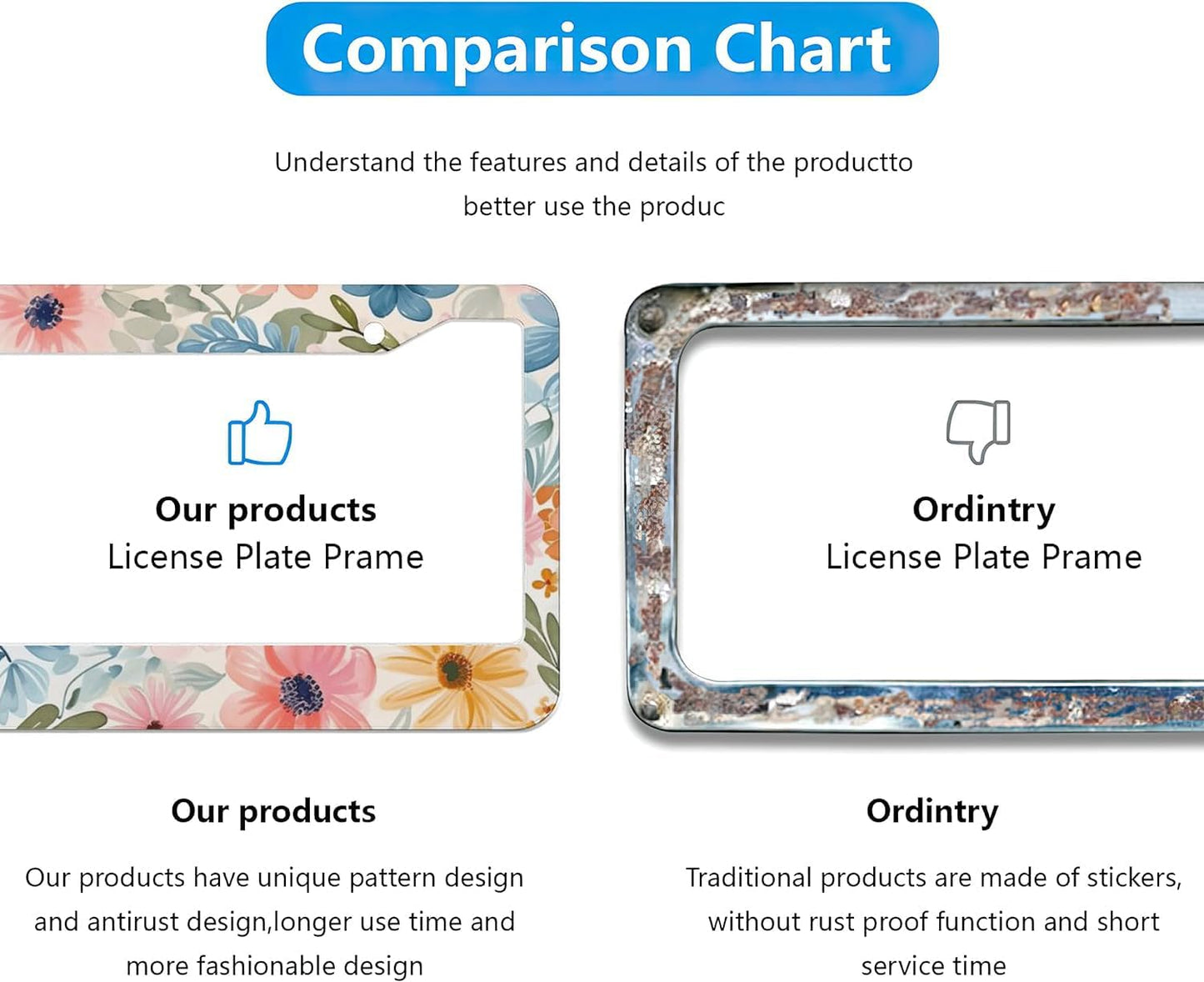 Flowers Floral License Plate Frames - 2 Pcs Set 2 Holes Metal Aluminum Auto Car Accessories Decoration License Plate Frame 12.2 x 6.3 inch for Women Men Gift