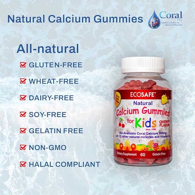 ECO SAFE Coral Calcium Vitamin D3 Kids Gummy, Natural Cherry Flavor, Non GMO, Gluten-Free, Dairy-Free, Soy-Free and Gelatin Free - 300 mg of Calcium, and 800 IU of Vitamin D3-60 Gummies (2 Pack)