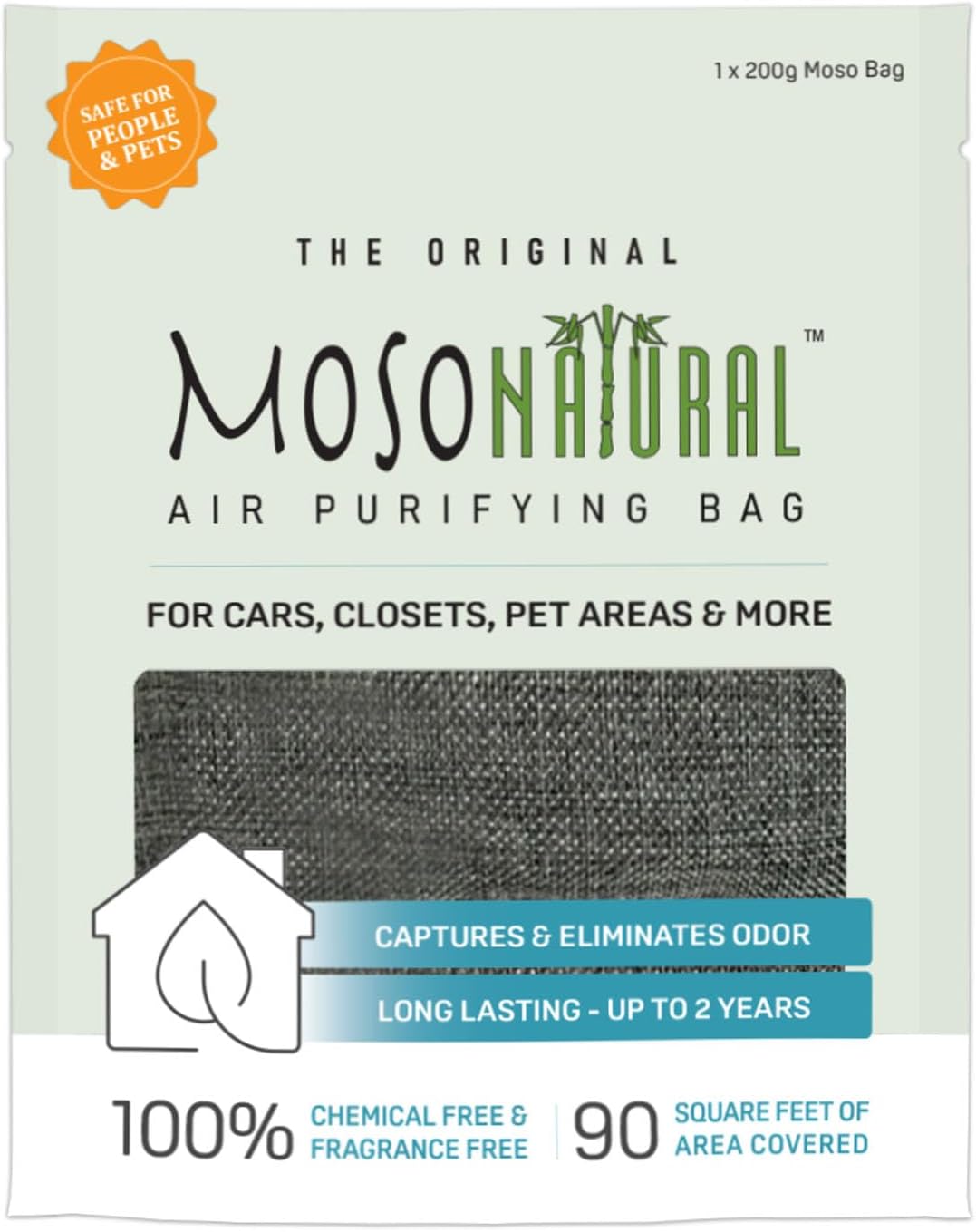 Moso Natural Air Purifying Bag 200g (2 Pack) Bamboo Charcoal Odor Absorber for Home & Car | Closet Odor Eliminator, Small Room Deodorizer & Car Air Freshener | Long Lasting Charcoal Bags Cover 90sqft
