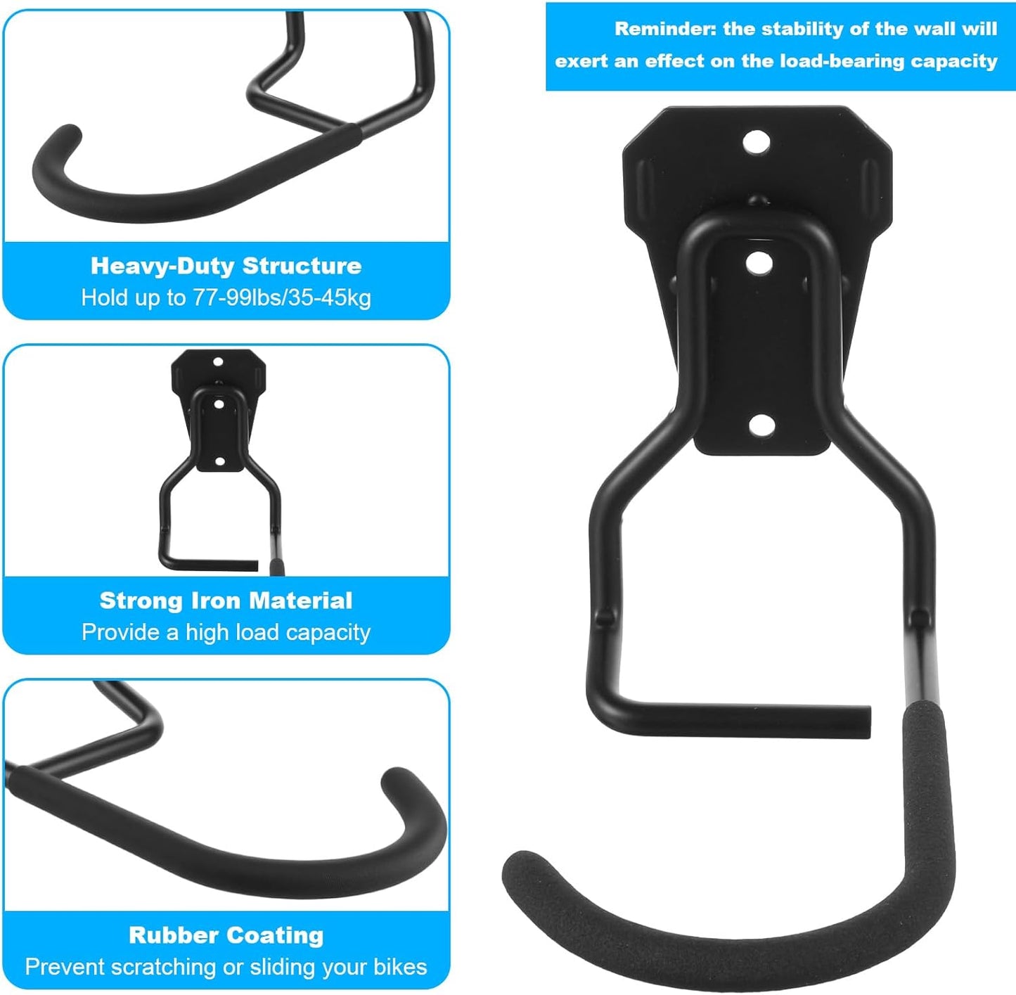 6 Pack Heavy Duty Bike Wall Mount Hooks - Steel Vertical Bike Rack for Garage, Strong & Space-Saving Bicycle Storage with Rubber Coating (Black)