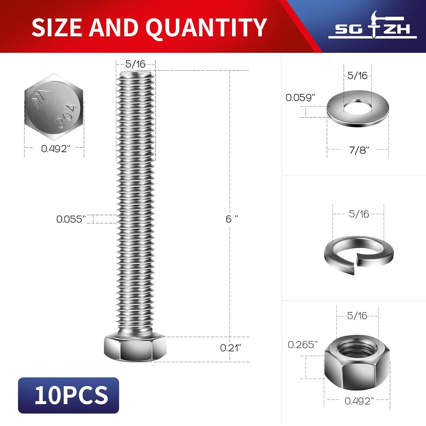5/16-18 x 6" Hex Head Screw Bolt, Nuts, Flat & Lock Washers, 10Pcs 18-8 (304) Stainless Steel, Fully Threaded, by SG TZH