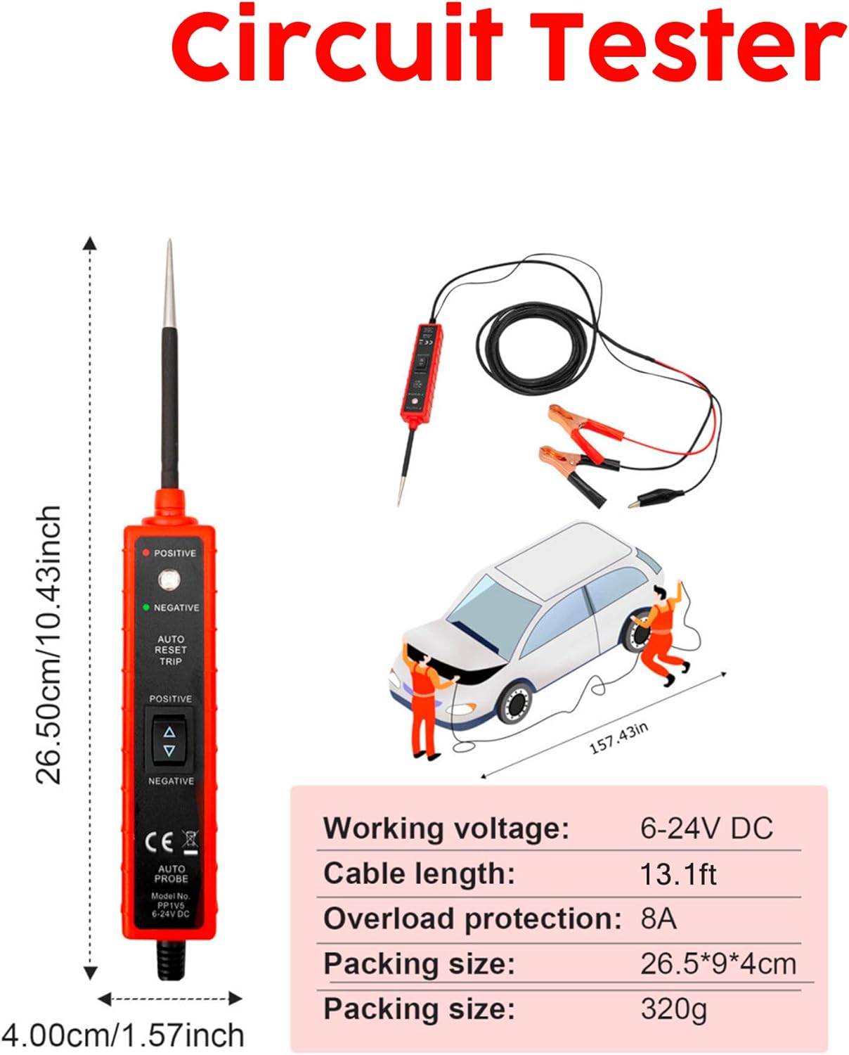 Power Circuit Probe Tester, 6-24V DC Circuit Tester, Test Light Automotive Short Circuit Located, Polarity Identify with LED Light Overload Protection