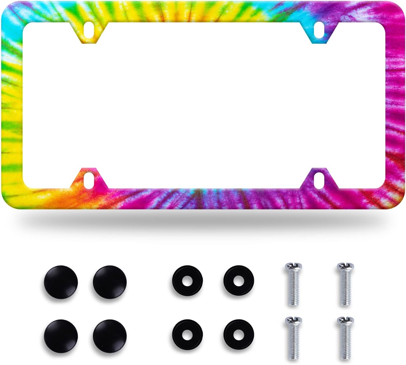 Colorful Hippie Tie Dye License Plate Frame Beautiful License Plate Stainless Steel Parts Funny License Plate Decorative with Screws Size 12.3" x 6.3" Women