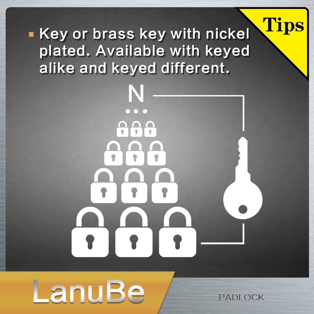 LanuBe Lock Laminated keyed Padlock (1-9/16", 40mm), keyed Alike Locks, Long Shackle,Marked Black Plastic Hoop, Pack of 6
