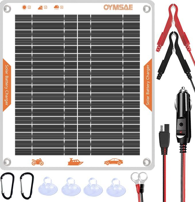 OYMSAE 5W 12V Solar Car Battery Charger Portable Waterproof Solar Power Battery Charger & maintainer with Trickle Cigarette Lighter Plug & Alligator Clip