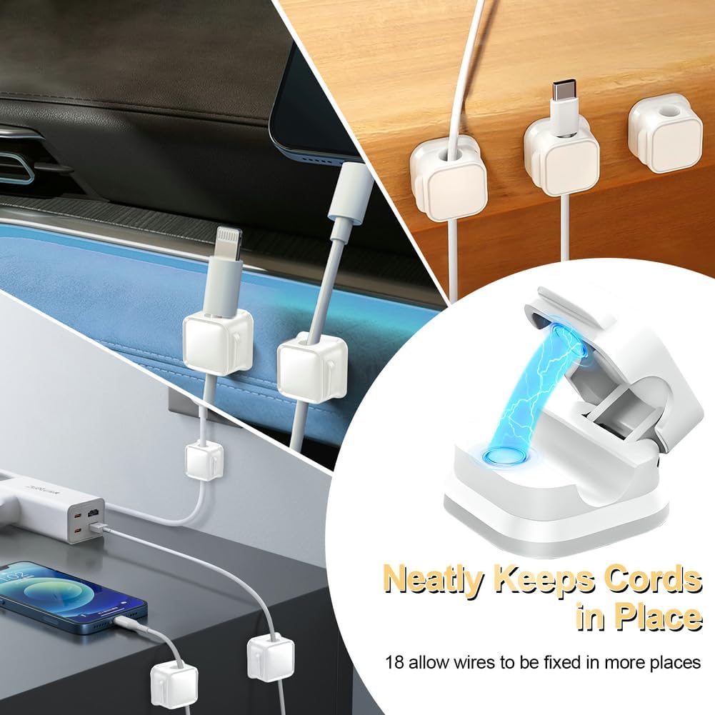 18 Pack Cord Organizer Holder,Magnetic Cable Clips Management,Easy Strong Adhesive Phone USB Charger Cord,Hide Or Organize Desk Cable for Kitchen,Office,Car,Nightstand（White）
