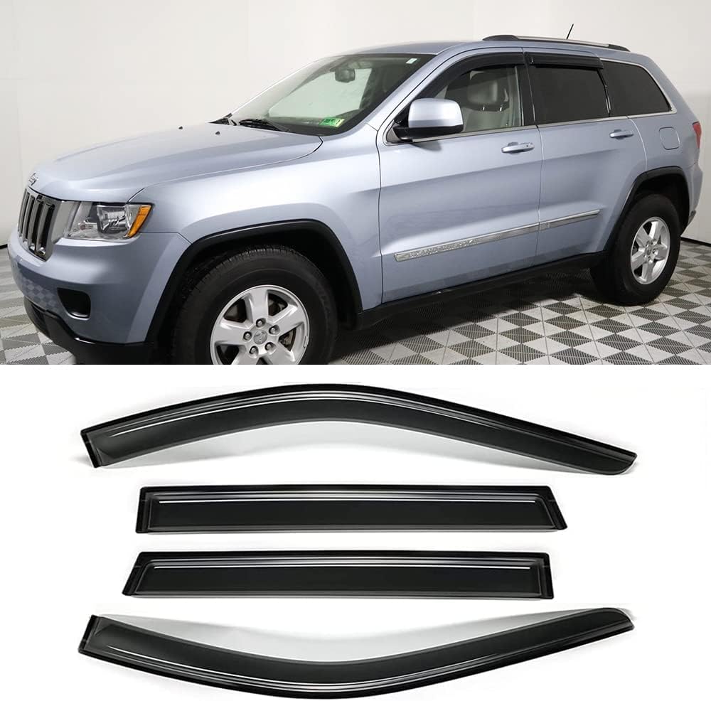94252 Side Window Visor Wind Vent Deflector Rain Guard fit for 2011-2021 Jeep Grand Cherokee,4 pcs Outside Mount Tape-on Shatterproof Dark Smoke Window Shades