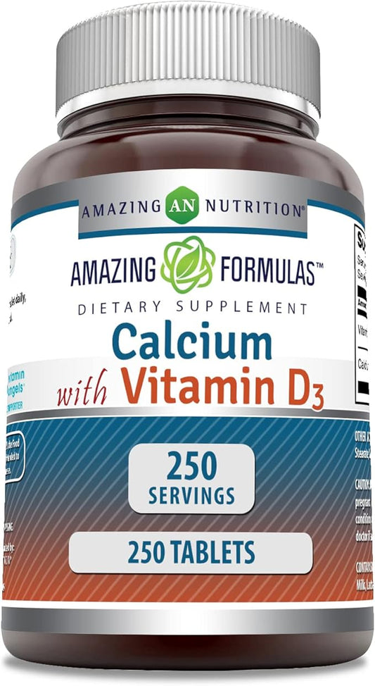 Amazing Formulas Calcium with Vitamin D3 Supplement | Tablets | Non-GMO | Gluten-Free | Made in USA (250 Count, 1 Pack)