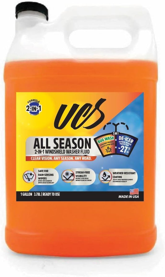 UCS Advanced All-Season Windshield Washer Fluid | Winter Protection to -27°F | 2-in-1 Bug Wash & Water Beading Technology | Streak-Free Visibility | Safe for Rain-Sensing Windshields | 1 Gallon