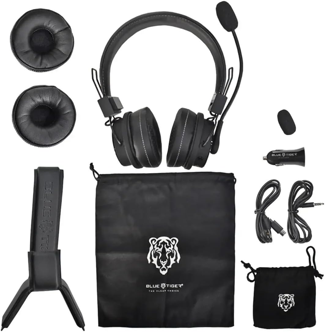 Blue Tiger Premium Elite Ultimate Single and Dual Ear 2-in-1 Bluetooth Headset – Professional Noise Cancellation Head Set with Microphone – USB-C Fast Charge & Long Battery Life