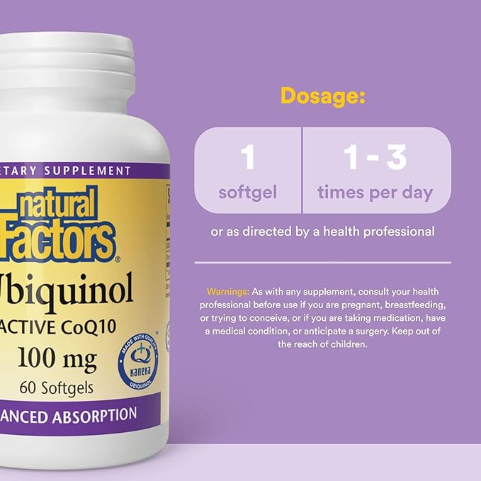 Natural Factors Ubiquinol Active CoQ10 100 mg, High-Absorption Coenzyme Q10 Supplement for Energy, Heart and Cognitive Support, 100mg, 60 Softgels