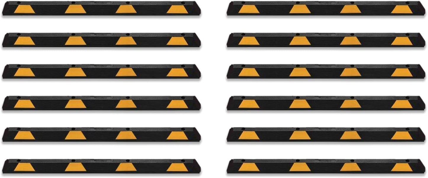 Zento Deals Rubber Parking Curb Garage Car Stopper - Parking Wheel Stopper Block 72” Wide Easy to Install, Black/Yellow Reflective Parking Block; for Car, Truck, Trailer and RV (Black/Yellow 12pack)