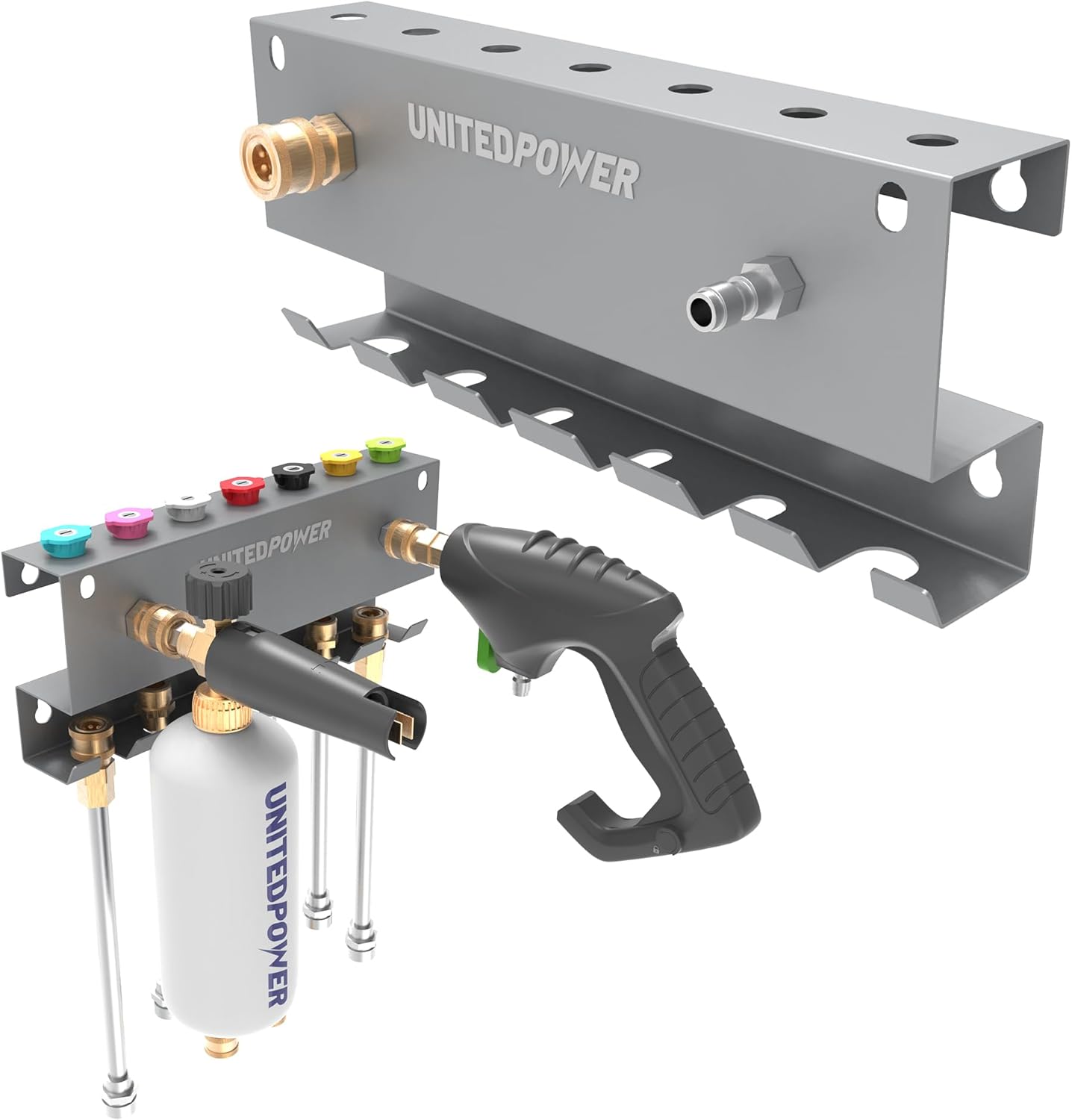 UNITEDPOWER Pressure Washer Gun Holder，Wall Mount Foam Cannon Holder，Tool Storage Rack for Pressure Washer Wand/Nozzle Tips, Car Wash Accessories Organizer, Silver