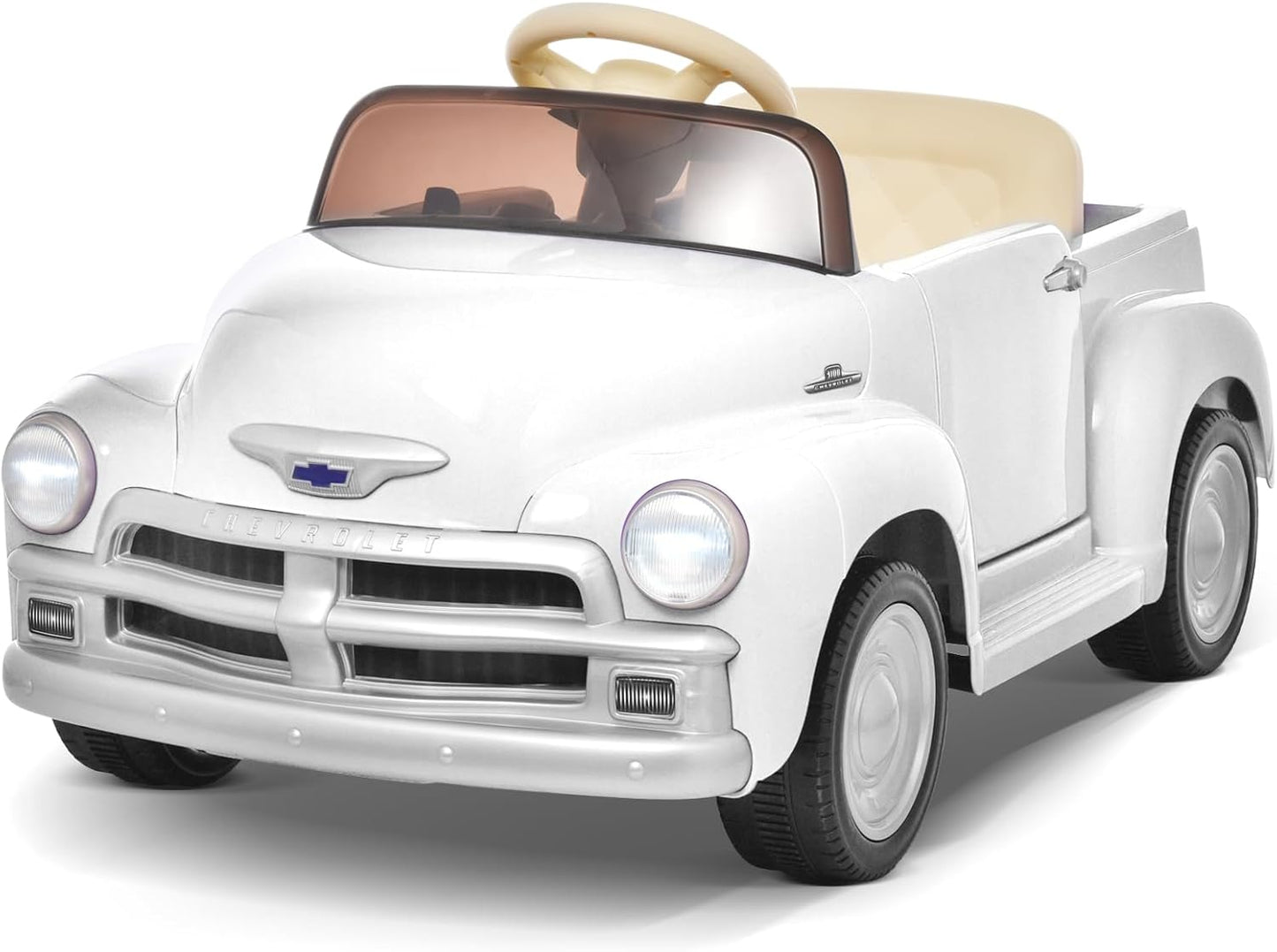 Joywhale 12V Kids Ride on Car Licensed Chevrolet 3100 Pickup Battery Powered Motorized Electric Car, with 7AH Big Battery, 2.4G Remote Control, 3-Speeds, Storage Space, Music, Retro Style, White