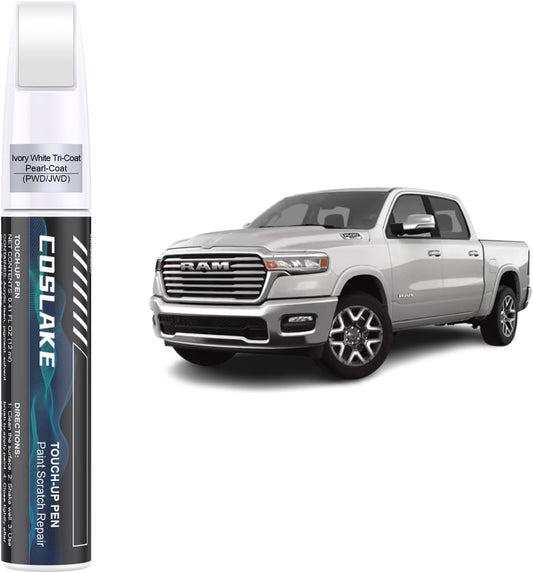 Car Touch Up Paint(Ivory White Tri-Coat Pearl-Coat(PWD/JWD)) for Dodge Ram, Car Paint Scratch Repair Kit, Quick & Easy Solution to Repair, 2 in 1 Scratch Remover Pen with 2PCS Disposable Micro Applicators