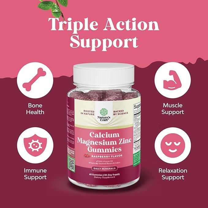 Calcium Magnesium Zinc Gummies - Magnesium Zinc Calcium Supplement Gummies with Vitamin D3 for Teeth and Bone Health - Certified Kosher Non-GMO Gelatin Free & Vegetarian Friendly (1 Month Supply)