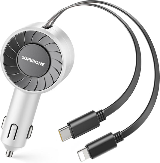 SUPERONE 3-in-1 Car Charger with Retractable Cords, USB C Charger Car Adapter Compatible with iPhone 16/15/14/13/12/11 Pro Max Samsung Android Phones
