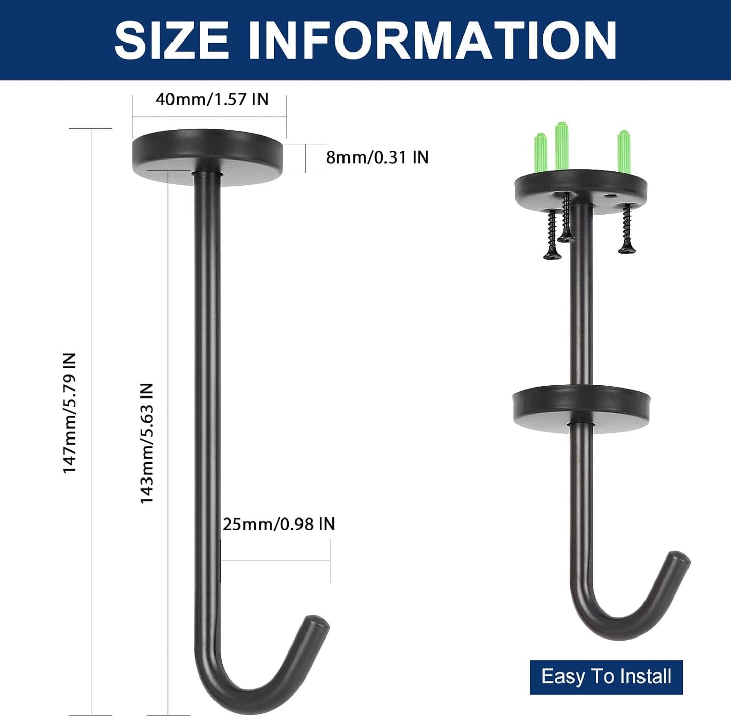 NearMoon Coat Hooks, Wall Hooks for Hanging Hat Hurse Robe, 304 Stainless Steel Heavy Duty Towel Hangers for Bathroom Livingroom Kitchen-Ceiling Hook, 6 Pack (6 Inch, Matte Black)