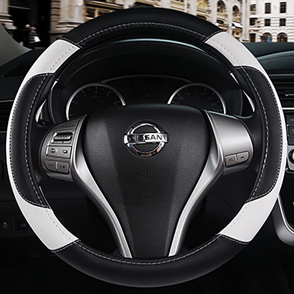 Leather Car Steering Wheel Cover, Non-Slip Car Wheel Cover Protector Breathable Microfiber Leather Universal Fit for Most Cars(White)