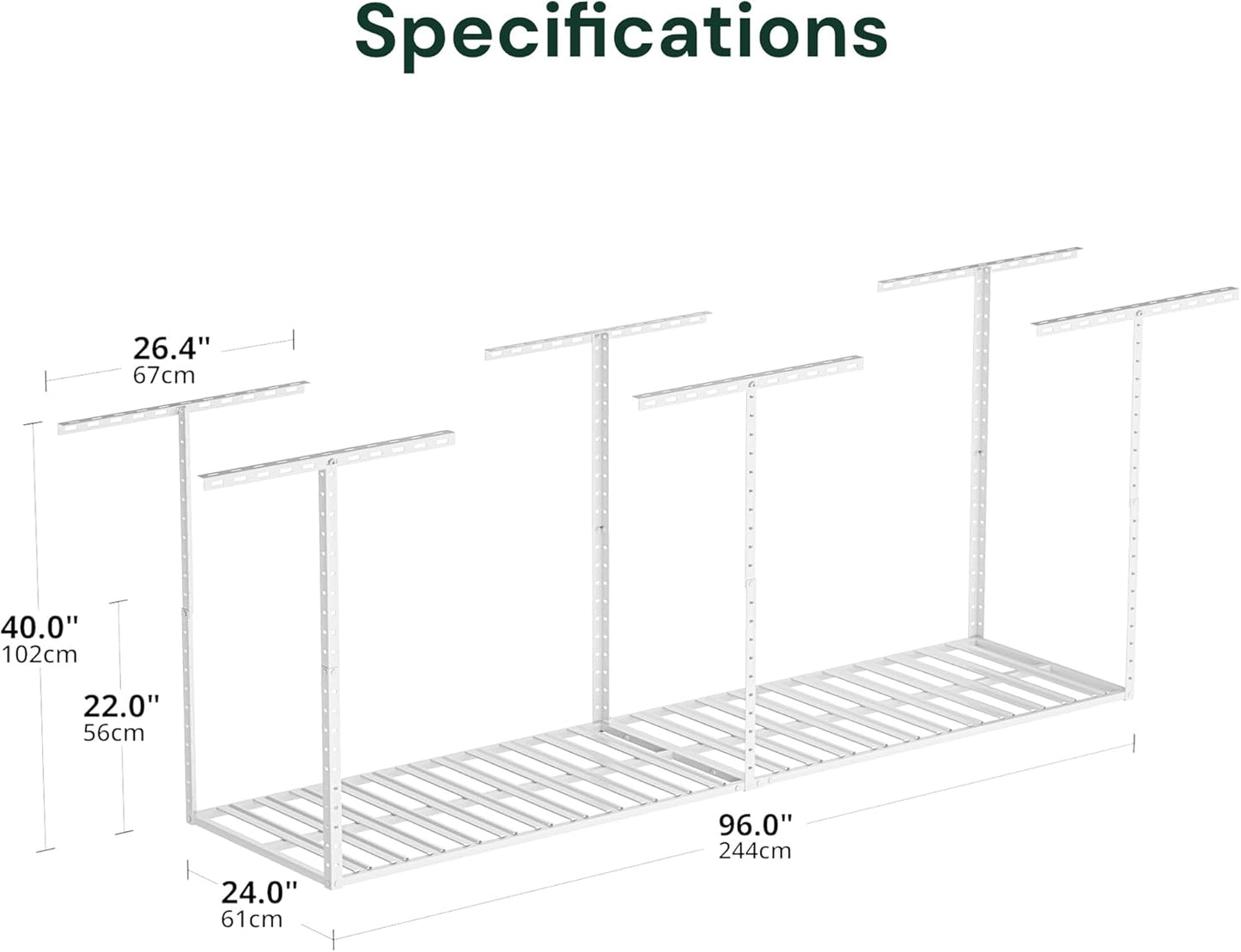 SunsGrove 2x8 Garage Storage Overhead Rack Organization, Adjustable Ceiling Mounted Storage Racks, 800LBS Weight Capacity, 22"-40" Ceiling Dropdown, White