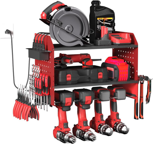 Power Tool Organizer Wall Mount – Adjustable Shelf, Side-Mounted 4-Outlet Charging Station | Heavy Duty Steel Drill Holder with Pegboards, Hooks & Drill Bit Rack for Garage & Workshop Storage(Red)