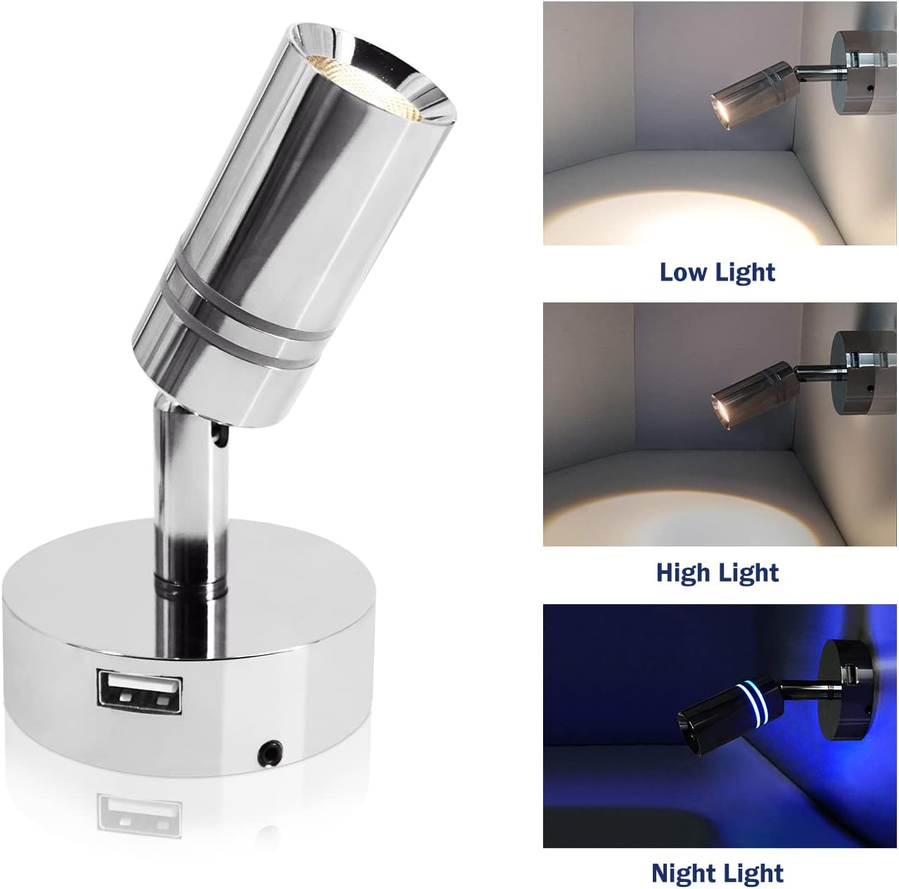 THALASSA 12V Interior LED RV Reading Lamp with 5V USB Port - Built-in Touch Switch, Dimmable Brightness, Surface Mounted on Wall Headboard of Boat Camper Van Travel Trailer Truck Cars Interior Light