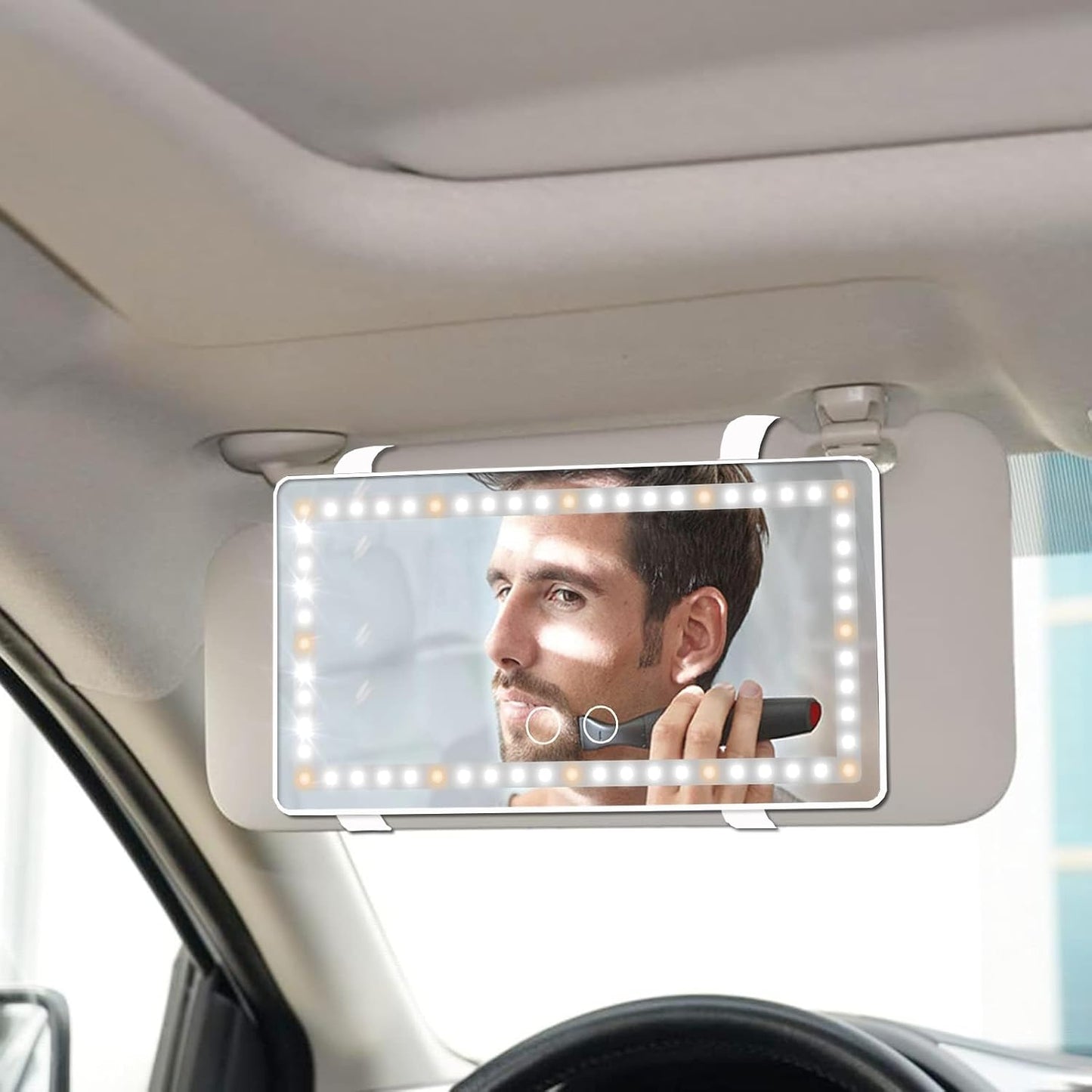 Car Sun Visor Vanity Mirror, with 3 Light Modes & 60 LEDs - Rechargeable Dimmable Clip-on Rear View Sun-Shading Cosmetic Makeup Mirror, Universal for Car SUV(Pure White)