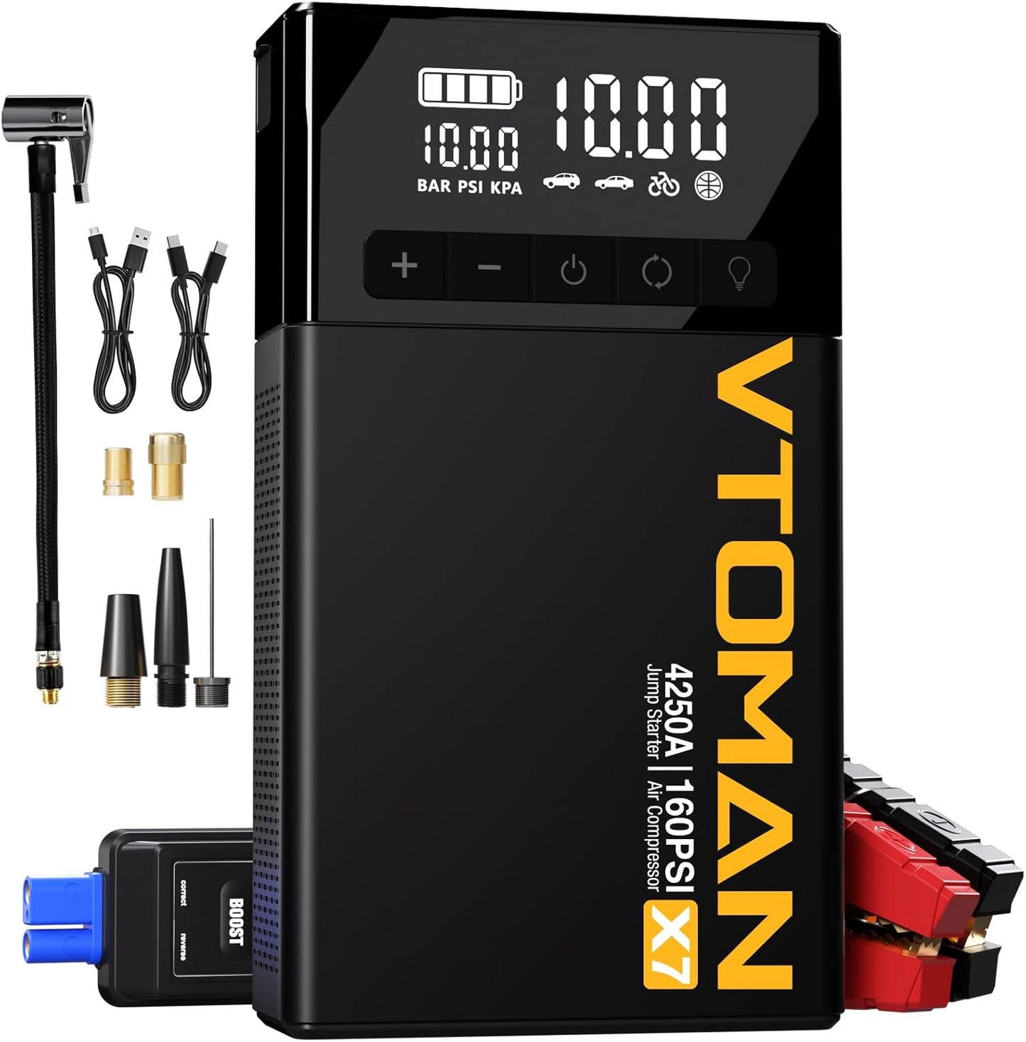 VTOMAN X7 Jump Starter with Air Compressor, 4250A Portable Car Jumper with 160PSI Digital Tire Inflator,12V Lithium Battery Charger Booster Box with Type-C Quick Charge (Up 10L Gas/10L Diesel Engine)