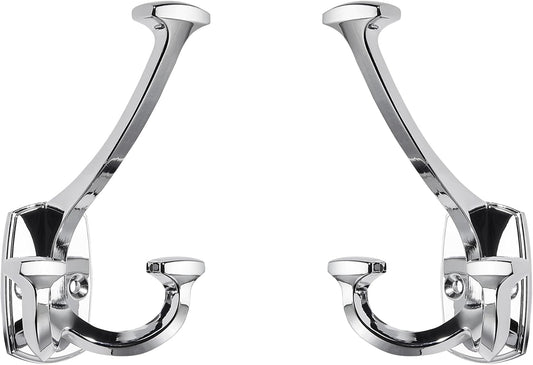 Large Wall Double-Sided Hook 5 Pack Polished Chrome Hook Decorative Heavy Duty Solid Large Coat Hooks for Towel Hanging Coats Robe Towel Bags Door Back 2 Prong Hooks