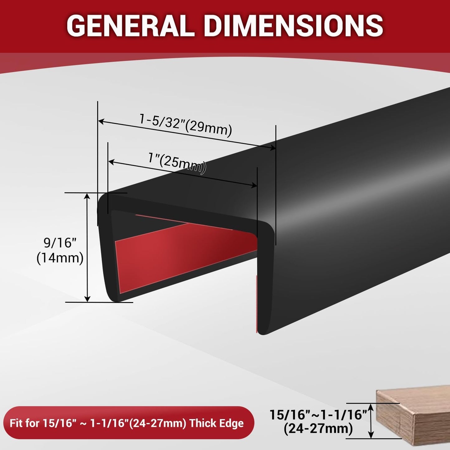 Rubber Edge Trim, 1" Self Adhesive Flexible U Channel Edge Protecter for Plywood, Tables, Desks, Cabinets, Counter Top, Wide U Shaped Edge Trim, Edge Banding, Black Color, 20Ft