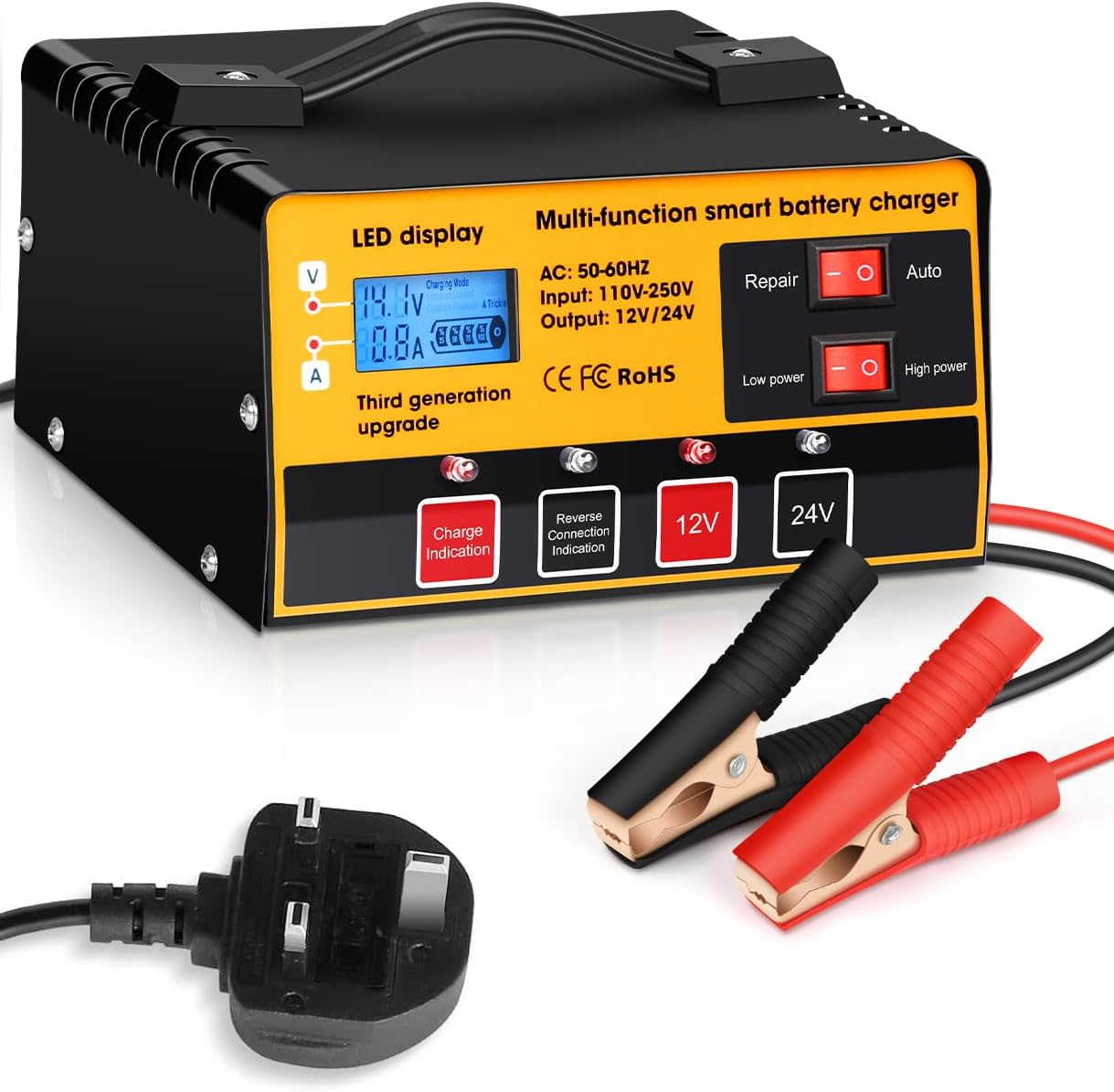 Outerman Car Battery Charger,12V-12A/24V-8.5AMH Smart Automatic Battery Charger,High/Low Power Trickle Charger Battery Maintainer and Desulfator,for Motorcycle Lawn Mower Marine Lead Acid Batteries