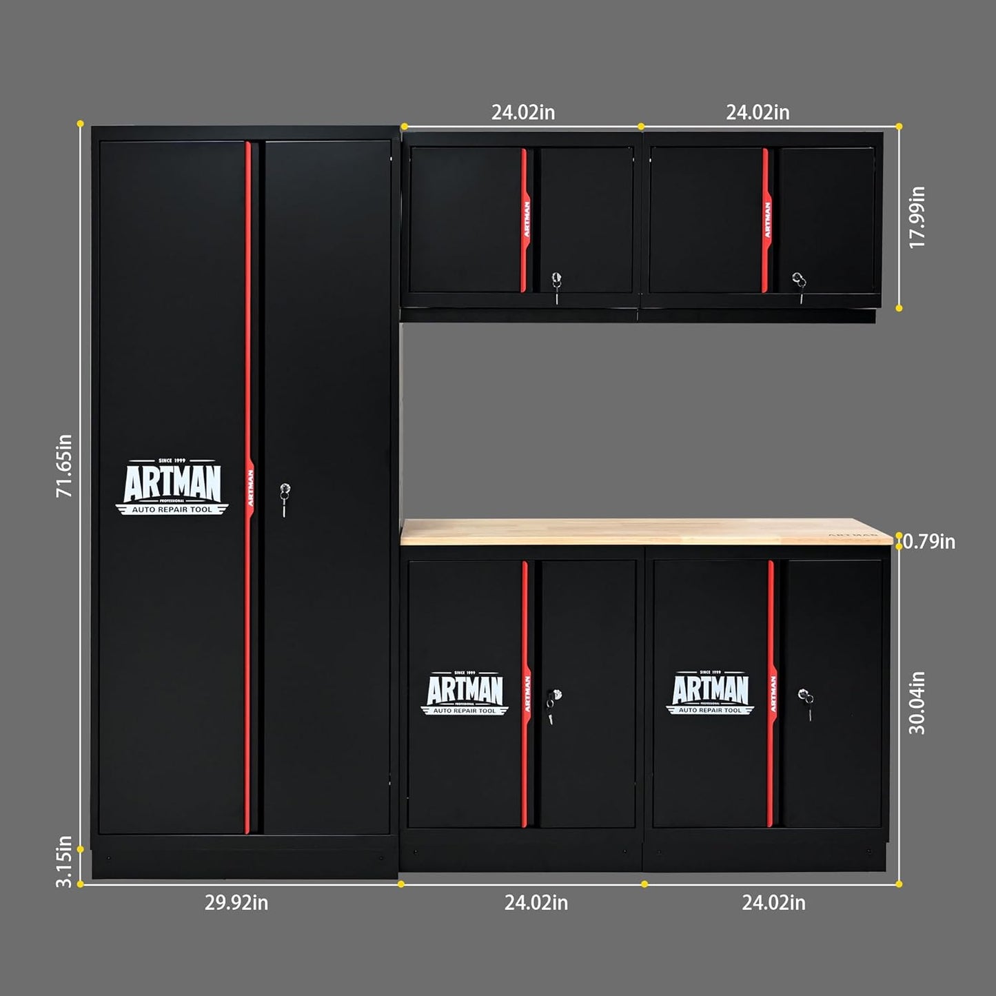 Garage Storage Cabinets System, 6-Pcs Workshop Cabinet Set in Black and Red, Included Steel Cabinets, LED Lights, Wood Panel, Key Locking, Adjustable Door Panels and Legs