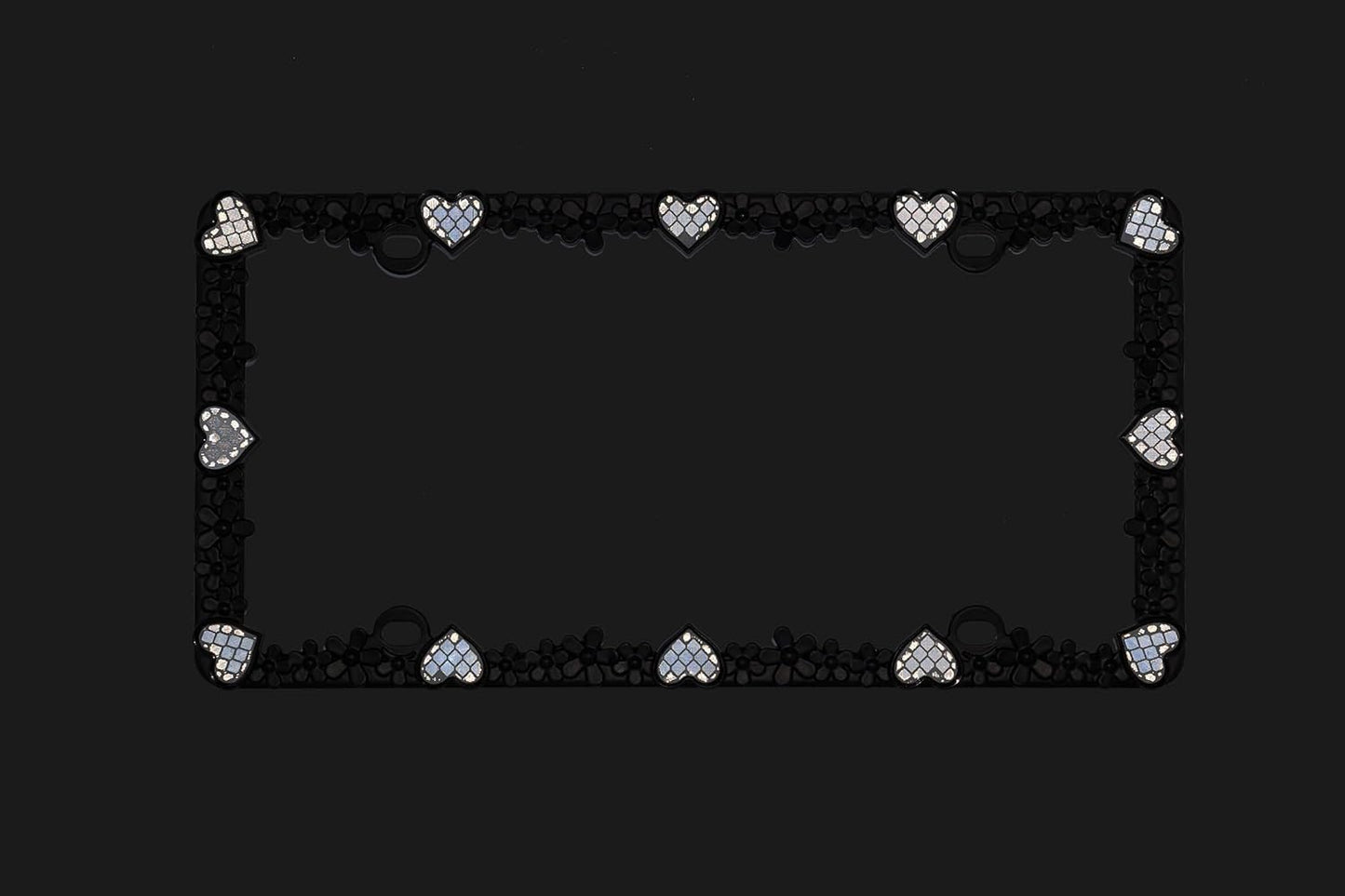 Creathome 3D Daisy Heart License Plate Frame from Pure Zinc Alloy Metal Perfect Plate Holder, Matt Black Daisy with Silver Reflective Heart